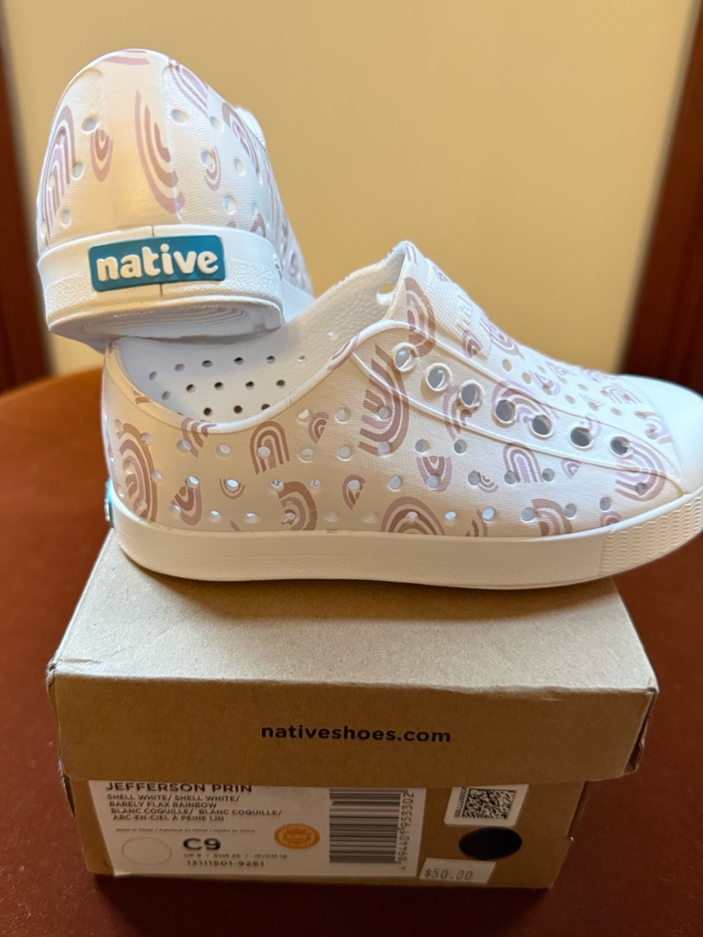Native Jefferson Print Kids Shoes in White with Pink Rainbows